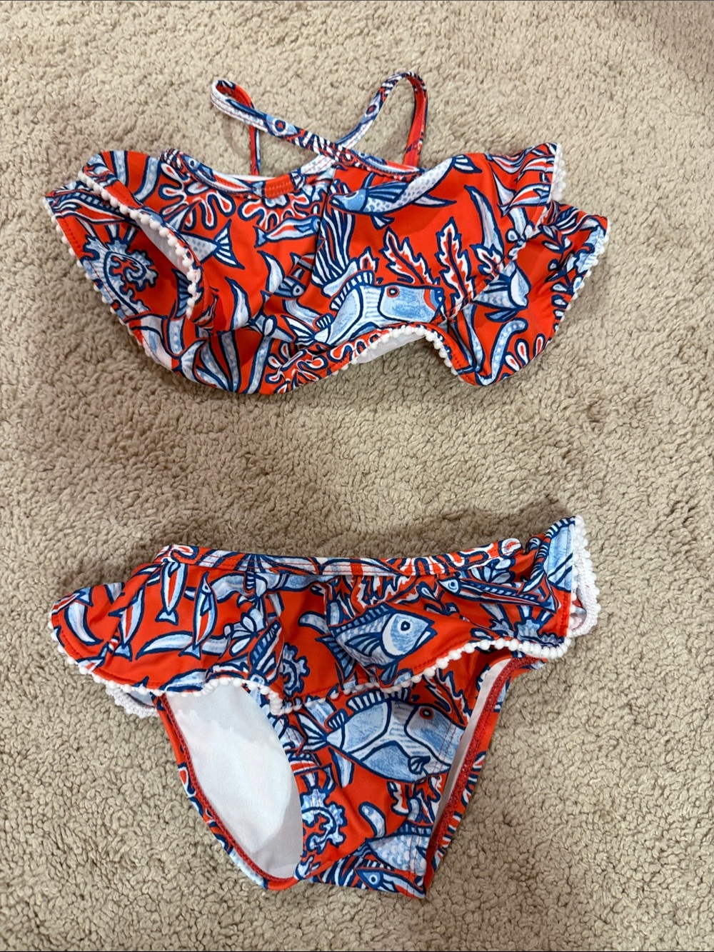 Janie and Jack Red and Blue Fish Print Ruffle Bikini Set